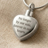 Close up of Always Love cremation necklace heart urn pendant with engraved memorial message