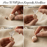Instructions showing how to fill Always Love cremation necklace heart urn pendant with ashes