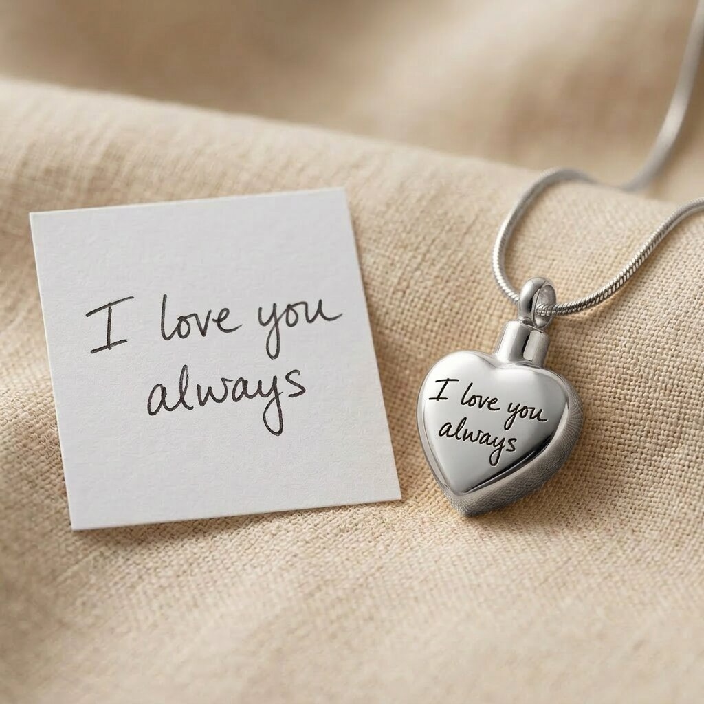 Always Love cremation necklace showing customizable engraving options on heart urn pendant