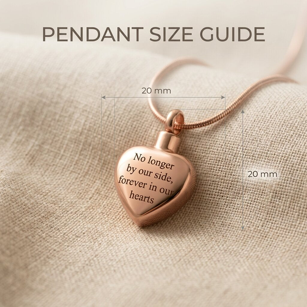 Pendant size guide for Always Love cremation necklace showing heart urn pendant dimensions