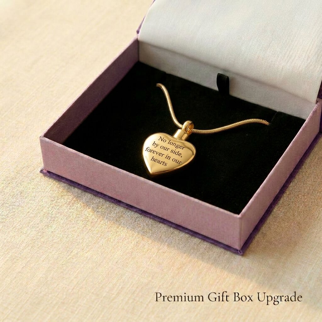 Always Love cremation necklace displayed with memorial gift wallet packaging