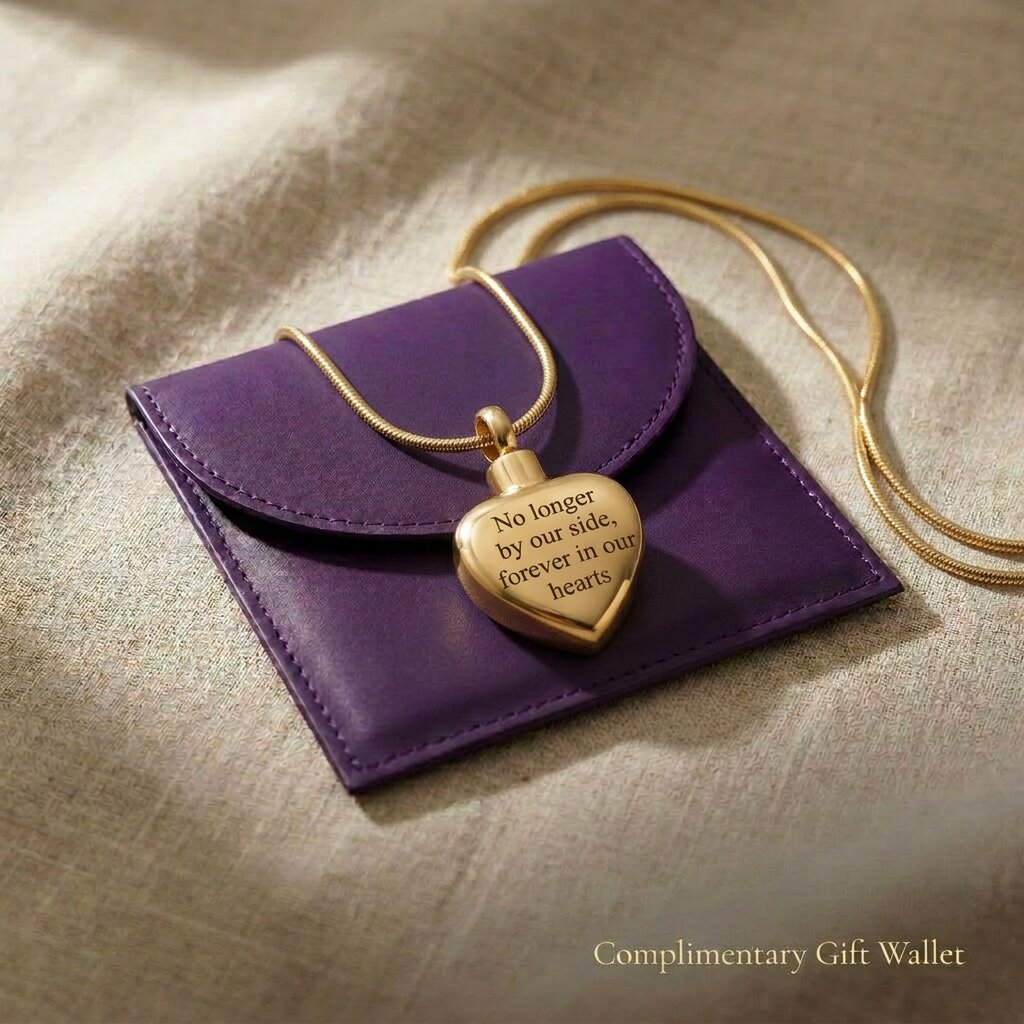 Always Love cremation necklace displayed with memorial gift wallet packaging