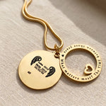 Always on my mind necklace showing layered round disc and washer pendant with personalised engraved detail