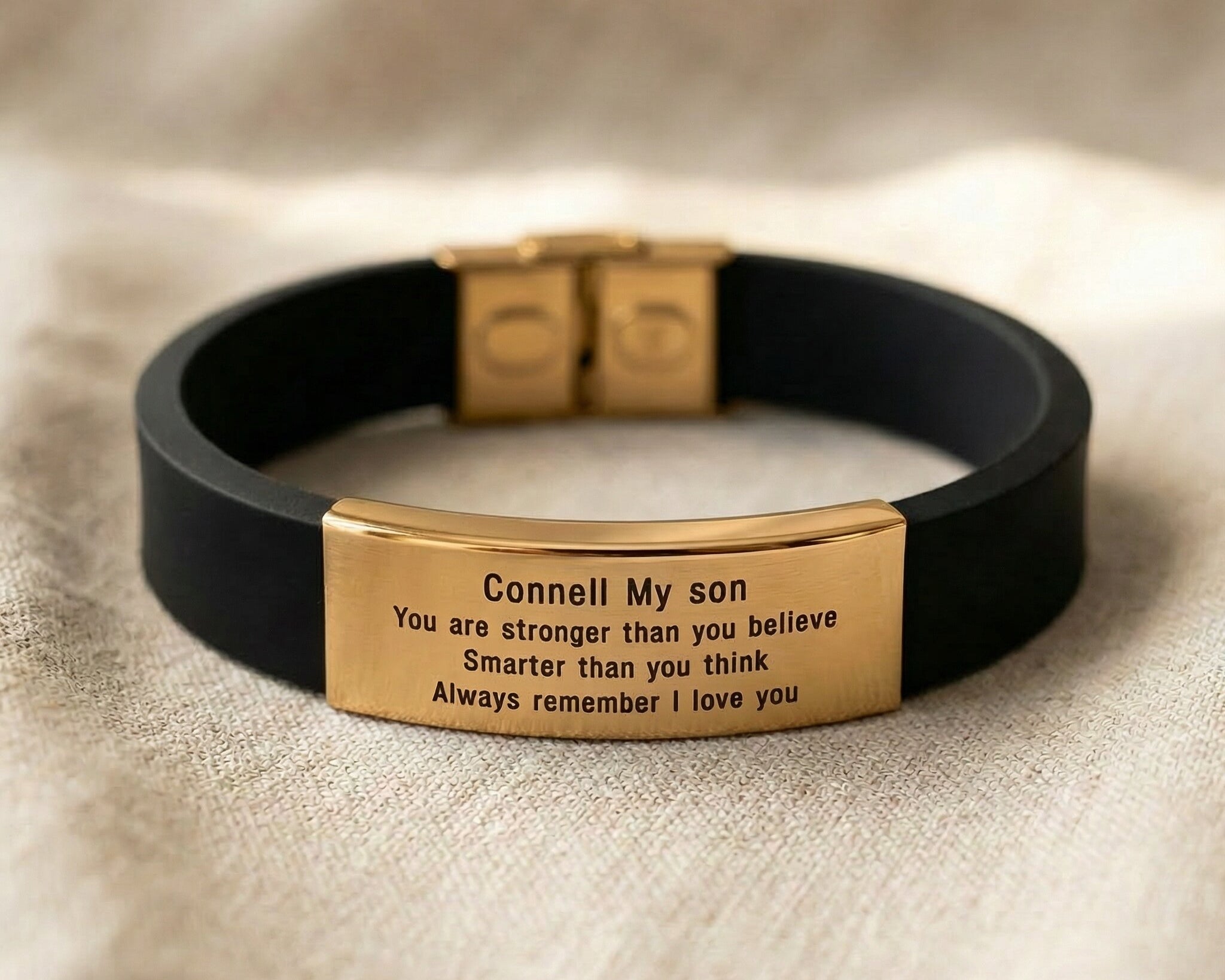 Gold Always Remember personalised ID bracelet with engraved plate on silicone band