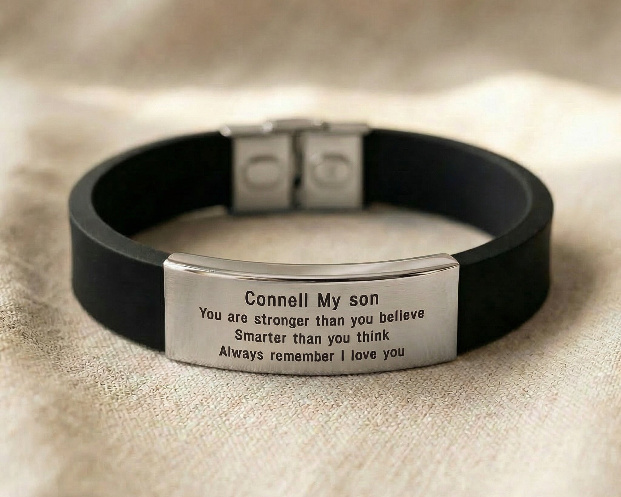 Silver Always Remember personalised ID bracelet with engraved plate on black silicone band
