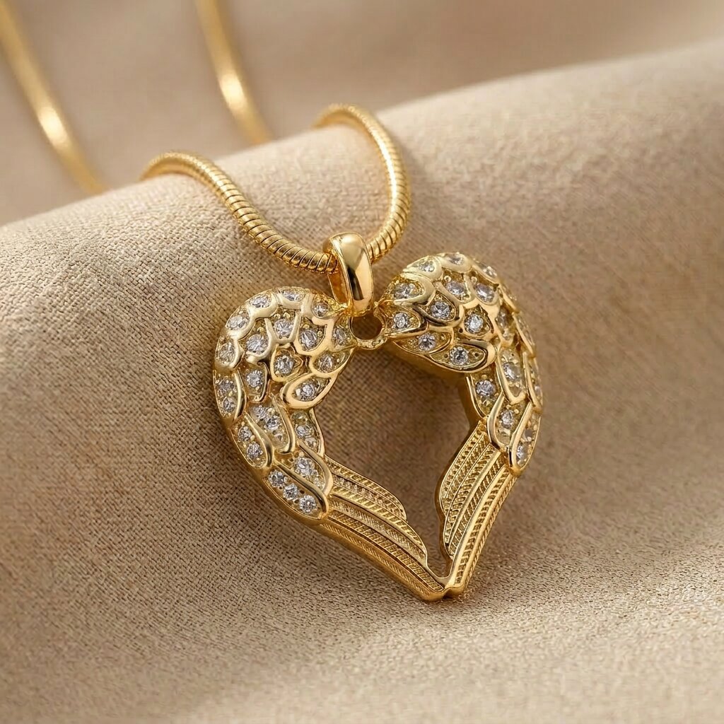 Angels Heart necklace with gold heart angel wings pendant on delicate chain displayed on neutral background