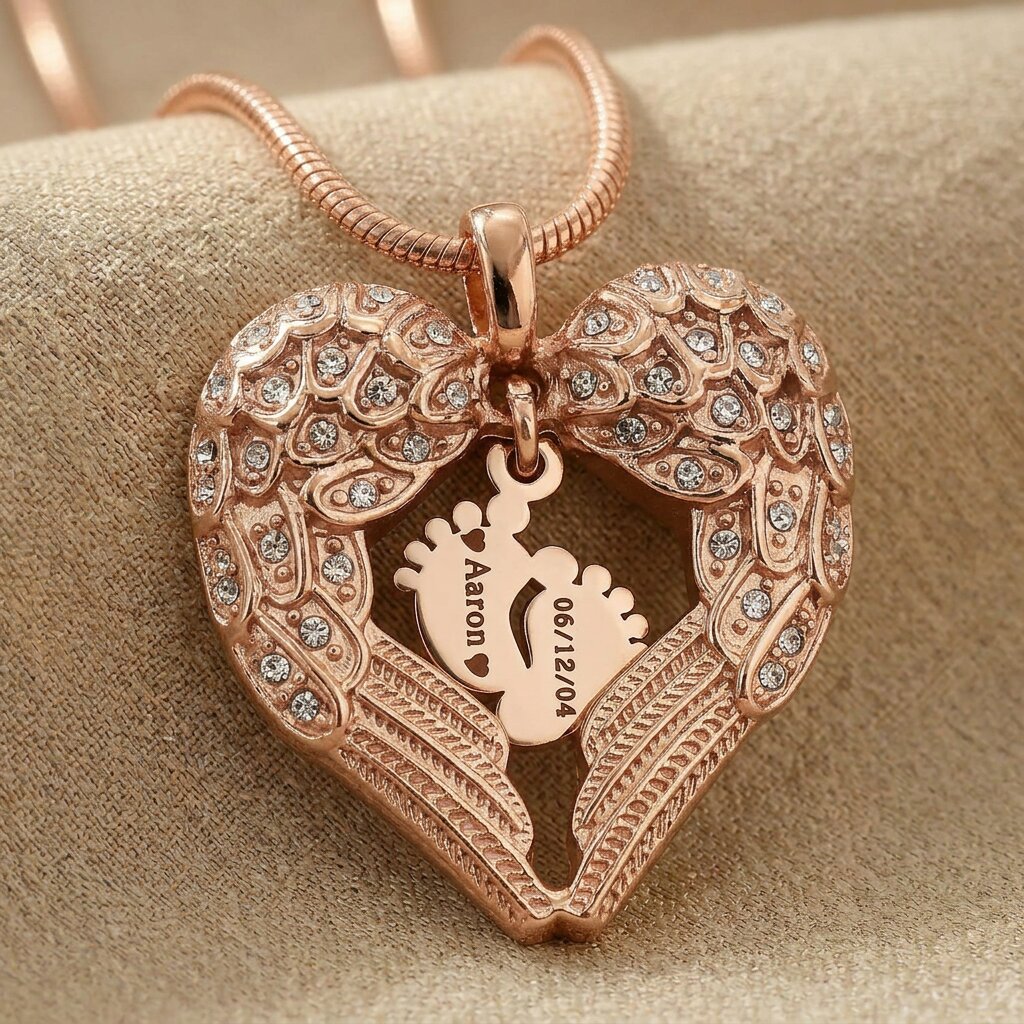 Angels Heart necklace showing baby feet design option inside heart angel wings pendant