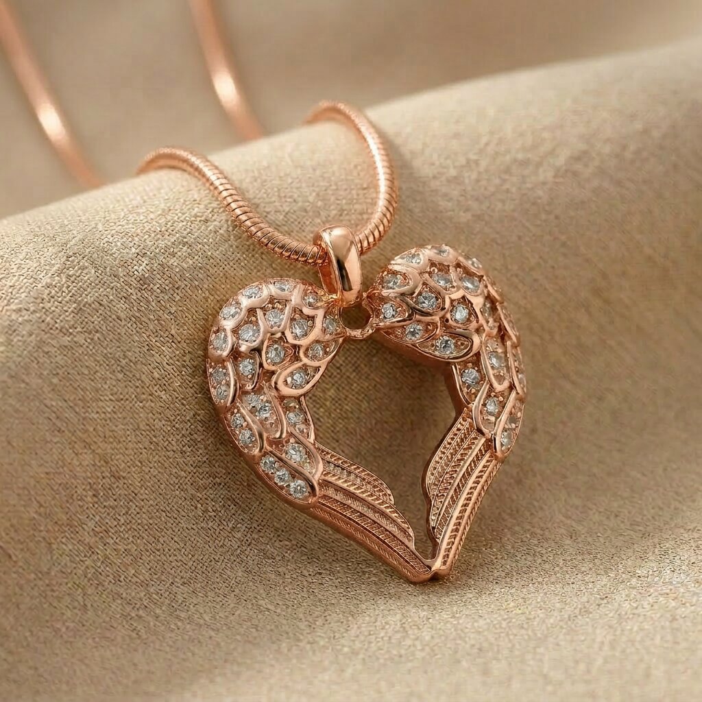 Angels Heart necklace in rose gold with heart angel wings pendant on delicate chain
