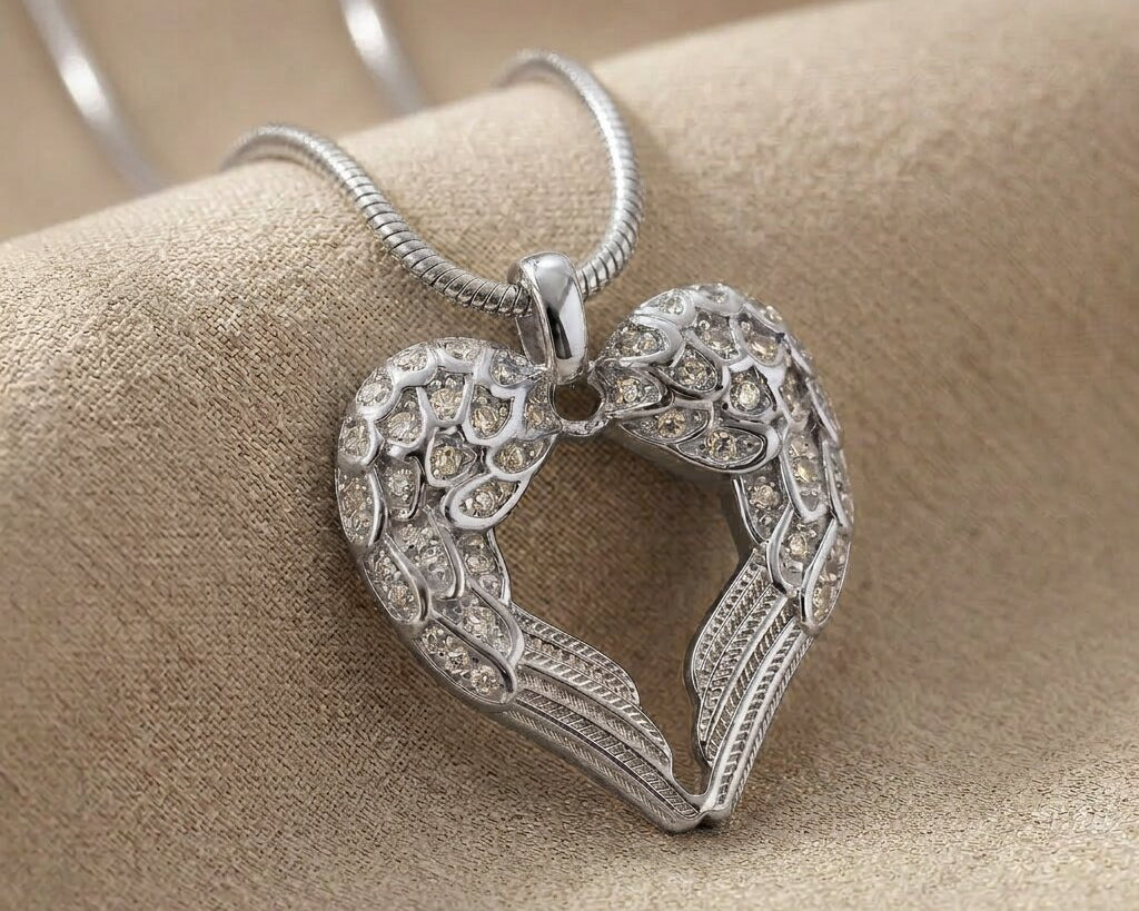 Angels Heart necklace in silver featuring heart shaped angel wings pendant with stone accents