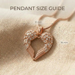 Pendant size guide for Angels Heart necklace showing heart angel wings pendant dimensions