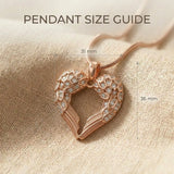 Pendant size guide for Angels Heart necklace showing heart angel wings pendant dimensions