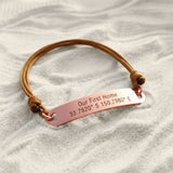 Belle Fever bar cord bracelet in rose gold finish, engraved personalised bracelet with adjustable brown cord, timeless unisex keepsake.