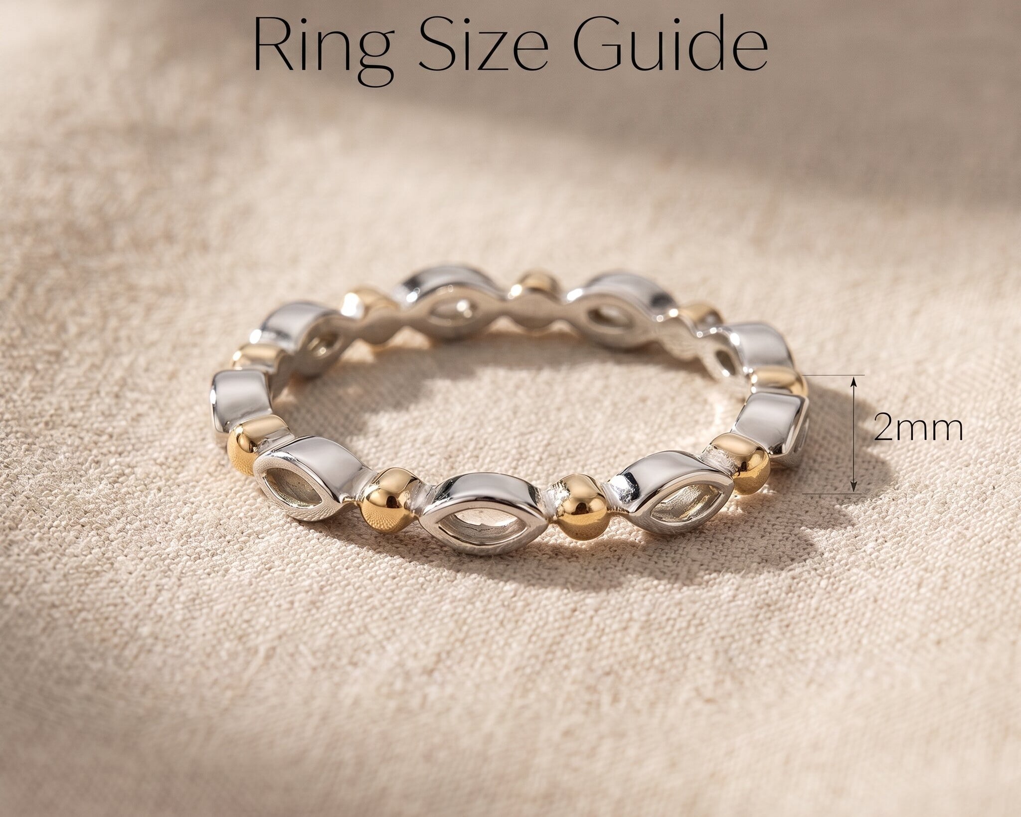 Blushing ring size guide showing band width and fit for stackable rings