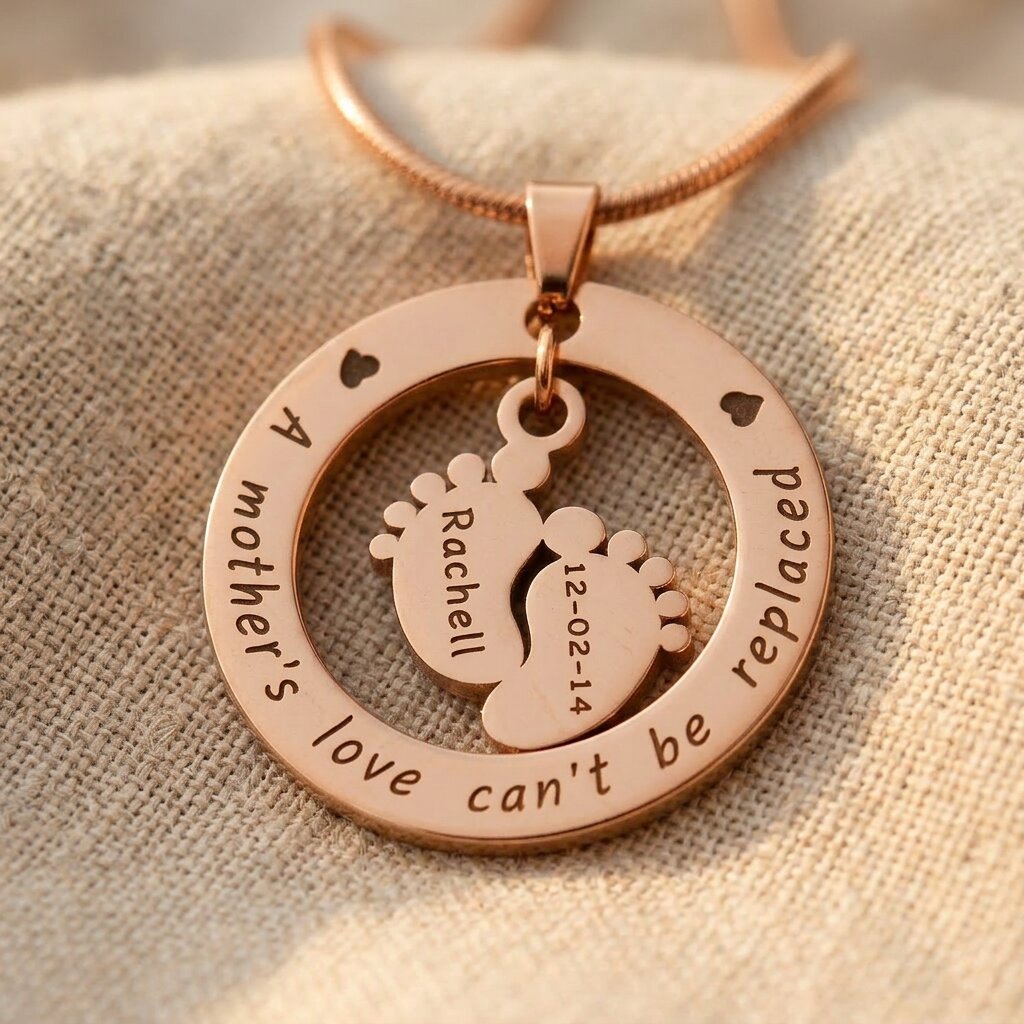 Close up of Can’t Be Replaced Necklace showing engraved message and baby feet charms detail design