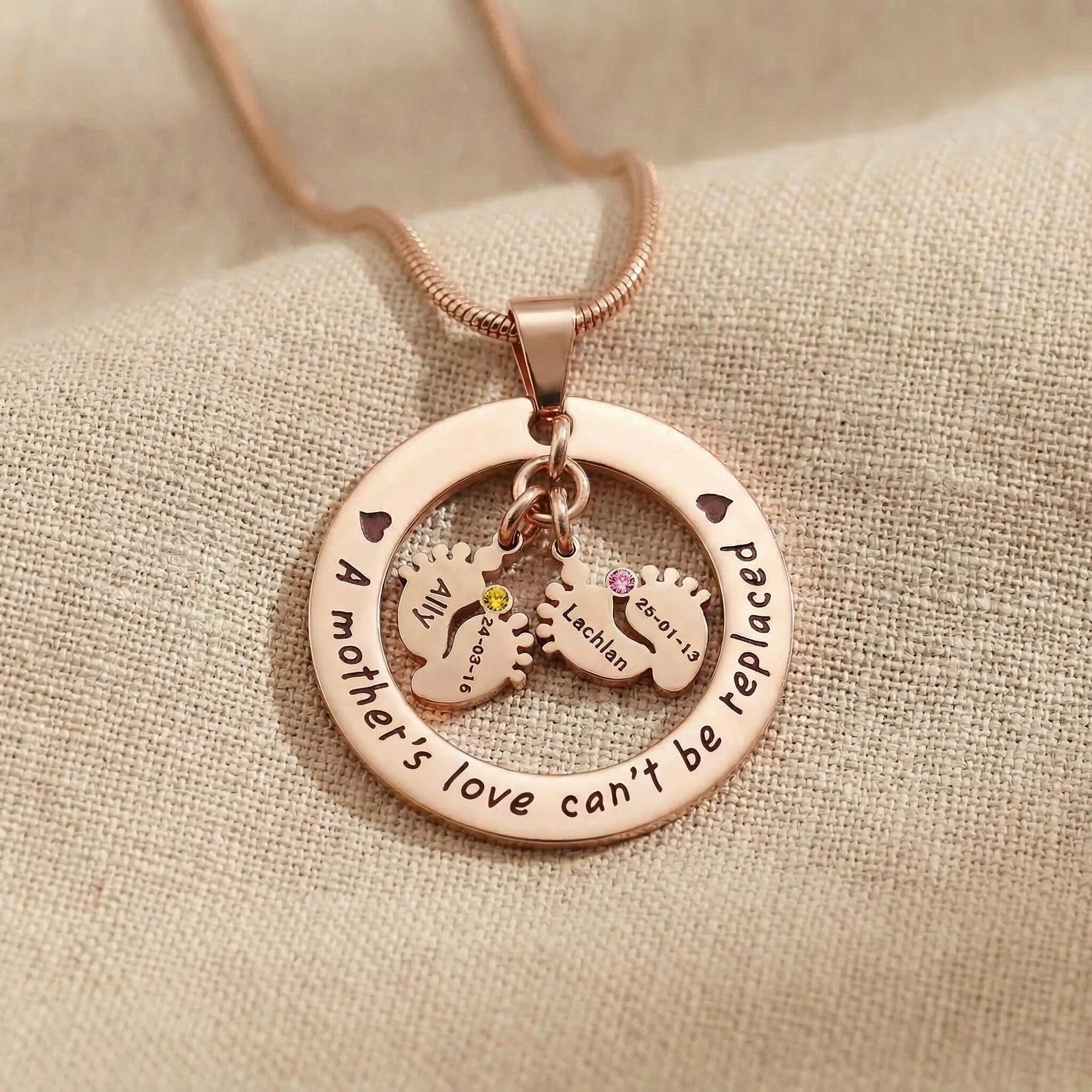 Can’t Be Replaced Necklace, personalized mother necklace with baby feet charms and birthstone option