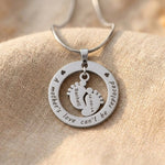 Silver Can’t Be Replaced Necklace with engraved message and baby feet charm keepsake