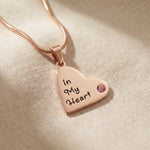 Children heart birthstone necklace in rose gold with engraved message and birthstone detail, meaningful mum keepsake gift