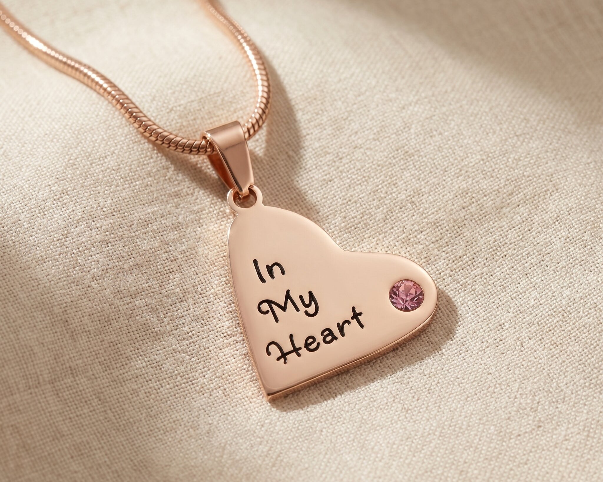 Children heart birthstone necklace in rose gold with engraved message and birthstone detail, meaningful mum keepsake gift