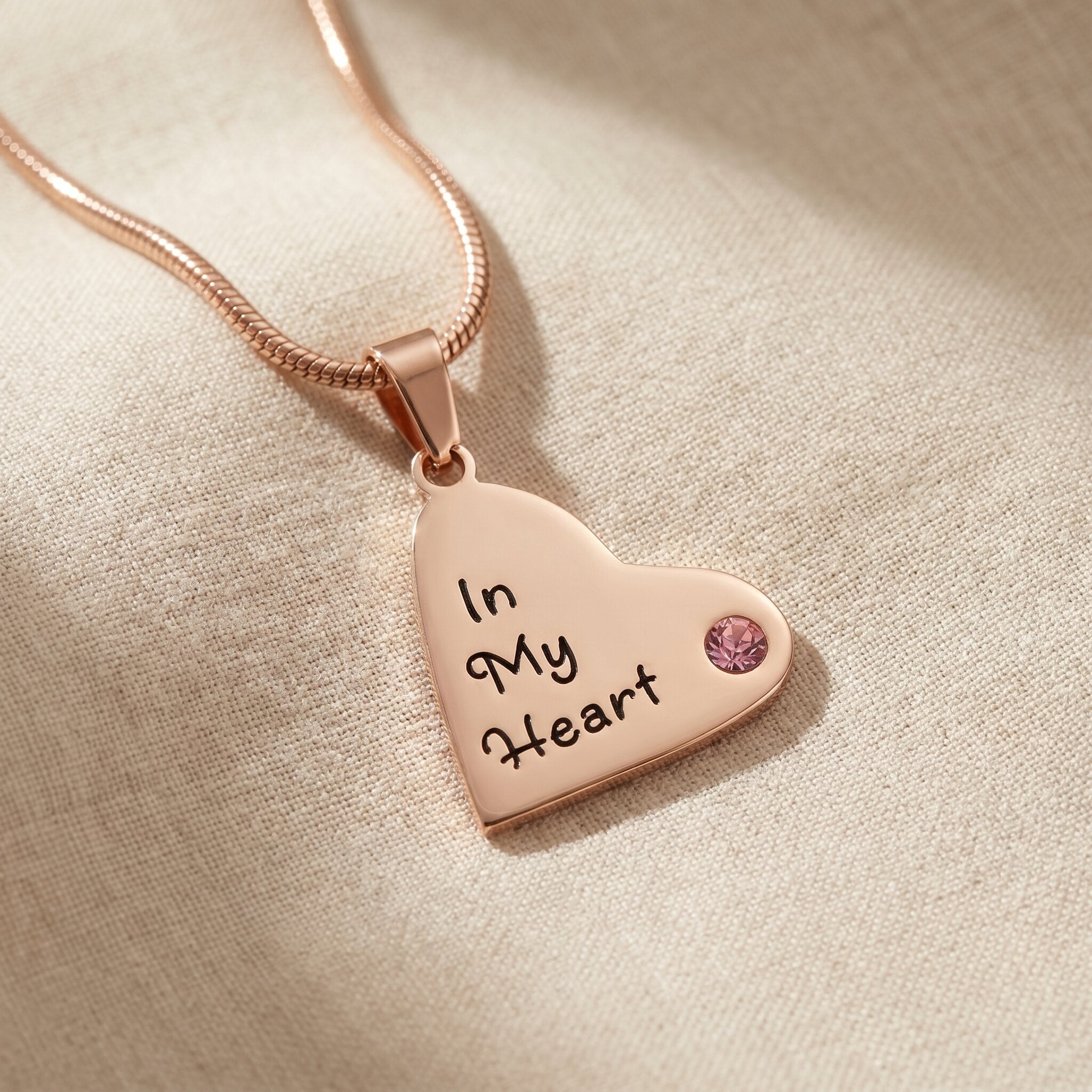 Children heart birthstone necklace in rose gold with engraved message and birthstone detail, meaningful mum keepsake gift