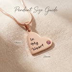 Children heart birthstone necklace size guide showing heart pendant dimensions and birthstone placement detail