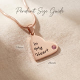 Children heart birthstone necklace size guide showing heart pendant dimensions and birthstone placement detail