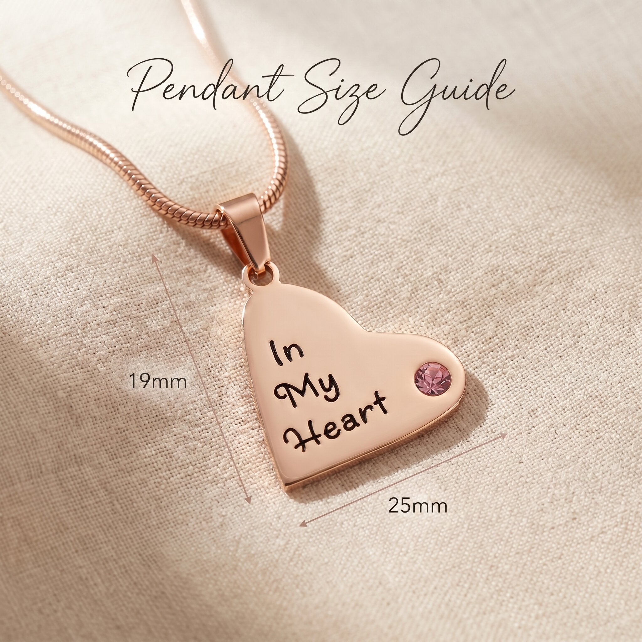 Children heart birthstone necklace size guide showing heart pendant dimensions and birthstone placement detail