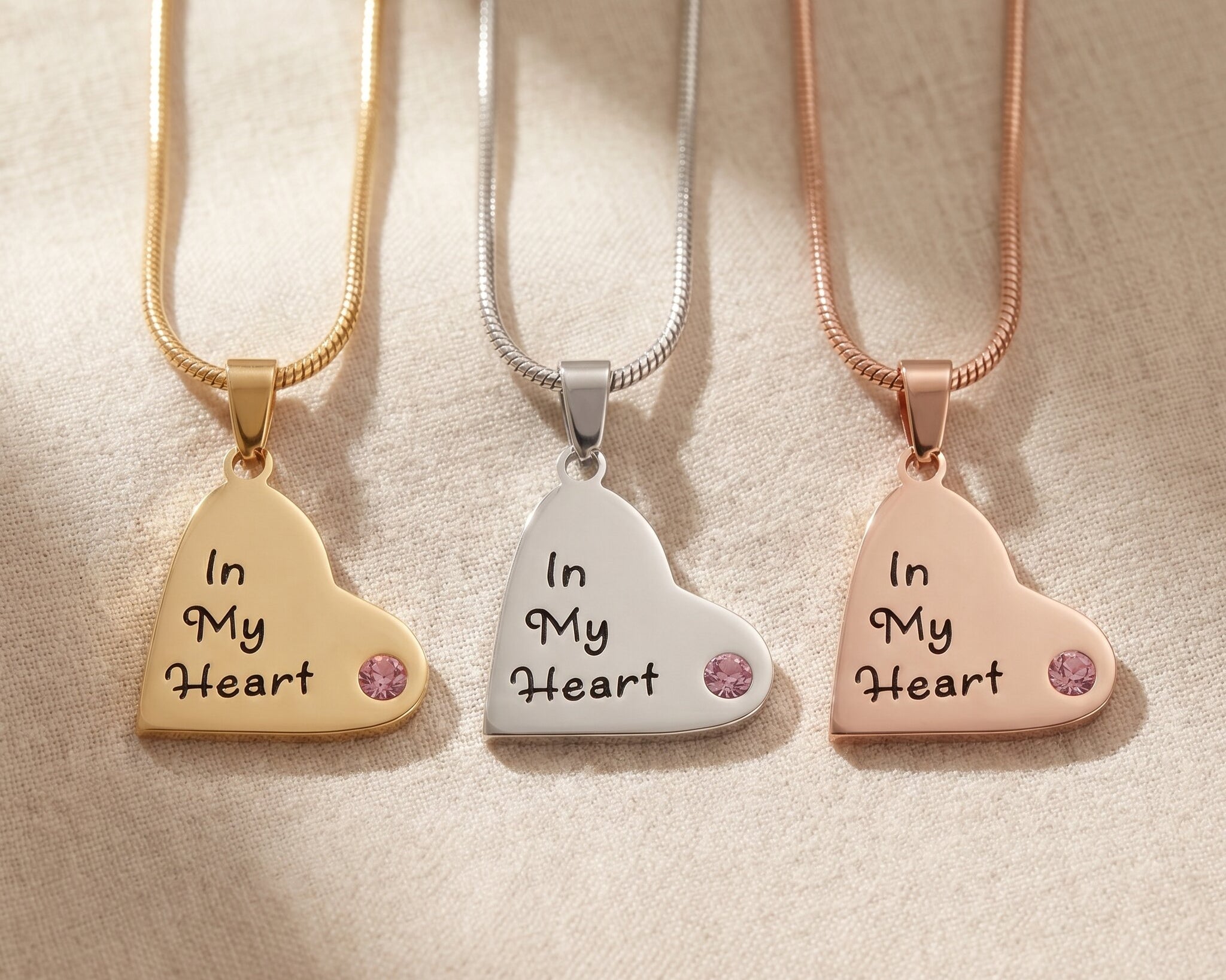 Children heart birthstone necklace tone comparison showing gold, silver and rose gold family keepsake finishes