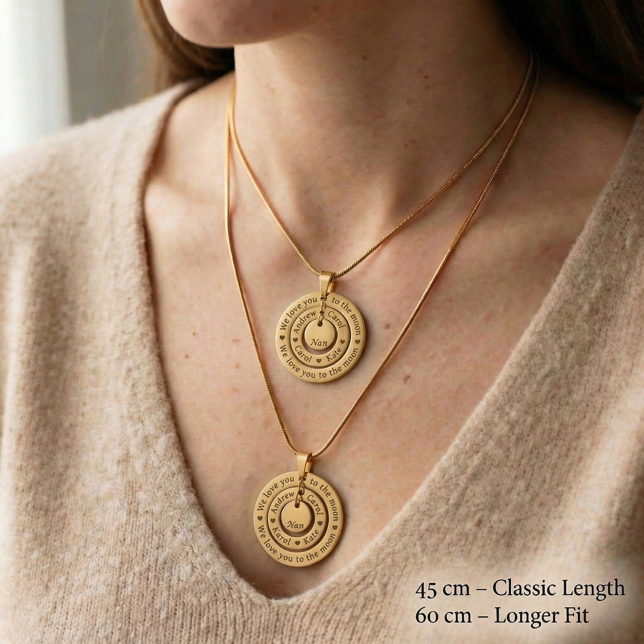 Circle of Loved Ones necklace worn showing different chain length on neck