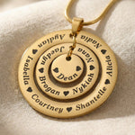 Circle of Loved Ones necklace close up showing engraved names and details
