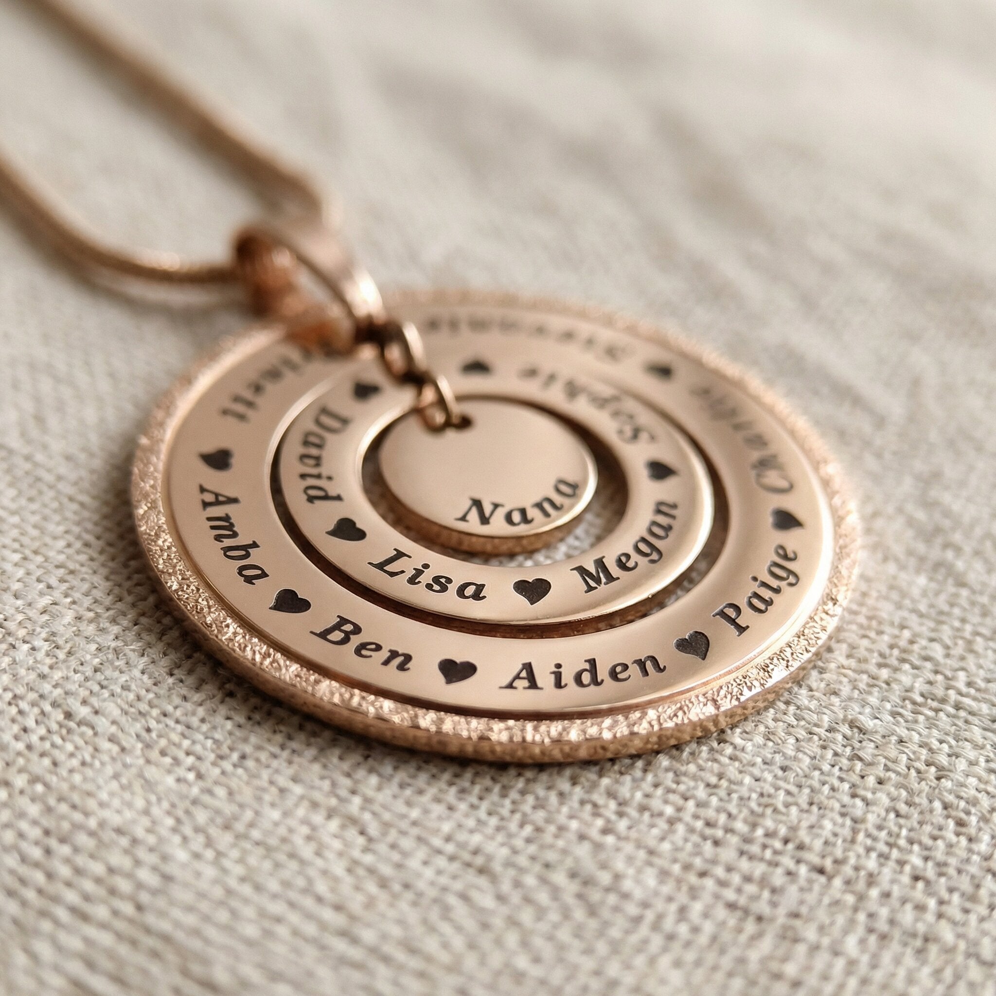 Circle of Loved Ones necklace with sparkling circle edge option and engraved names