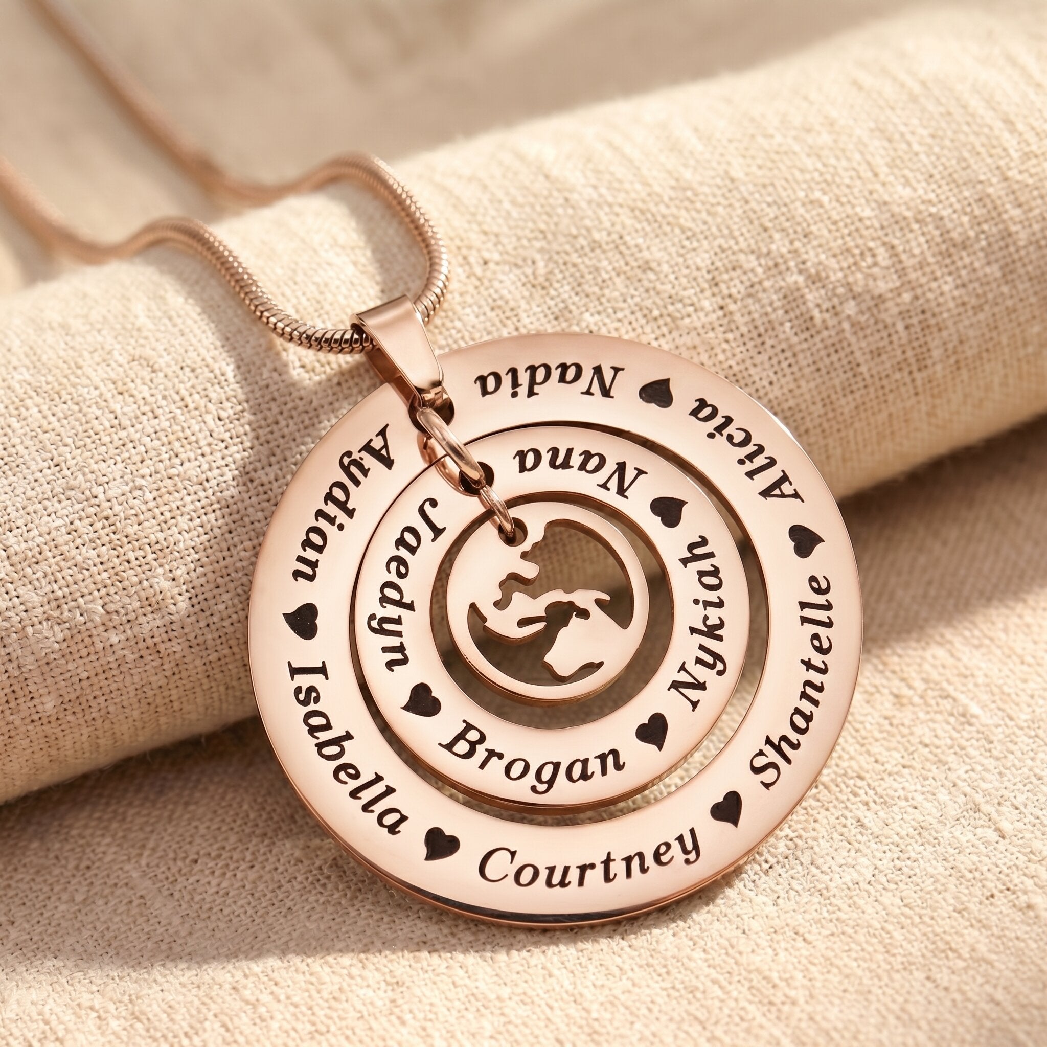 Circle of loved ones necklace with world charm insert, personalised family keepsake pendant