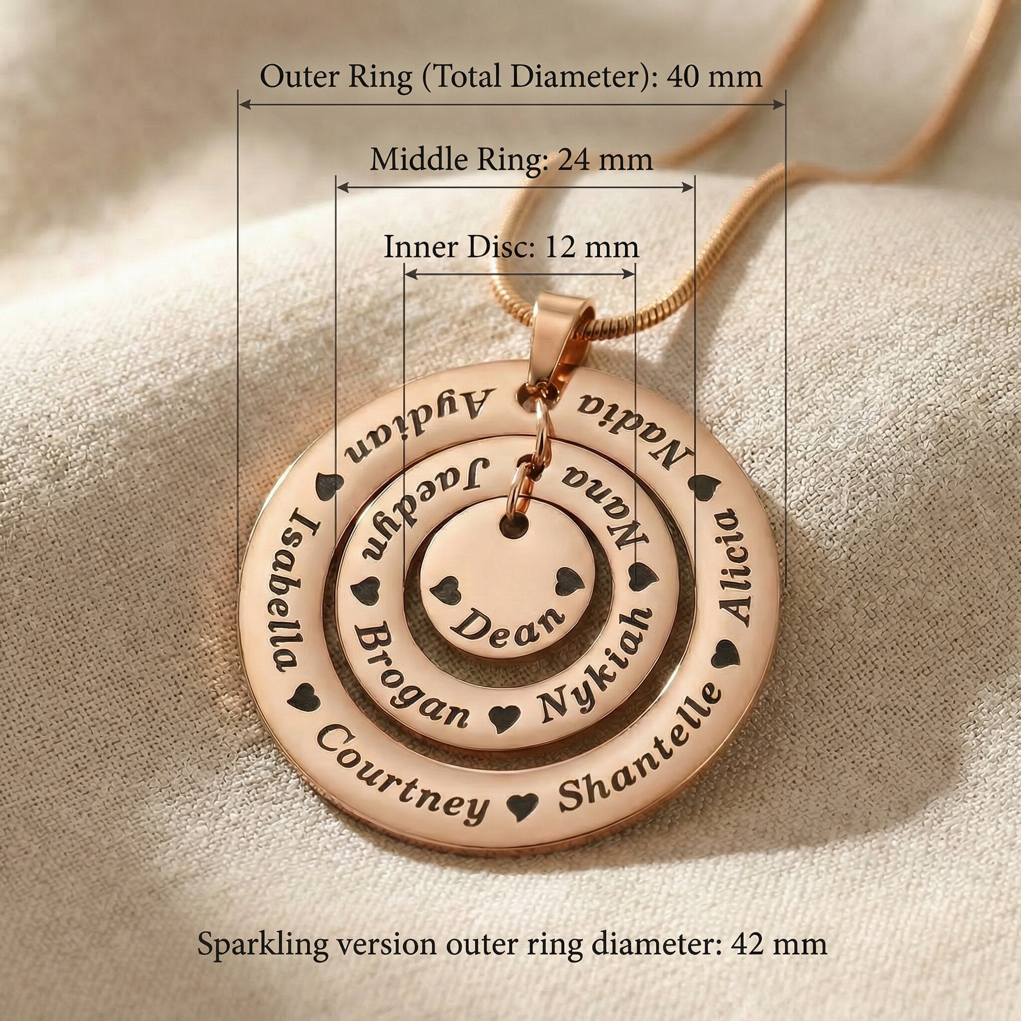 Circle of Loved Ones necklace pendant size guide and dimensions