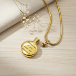 Belle Fever Circle Cremation Necklace gold canister style, openable ashes holder pendant, personalised memorial jewellery keepsake gift for loss and tribute.