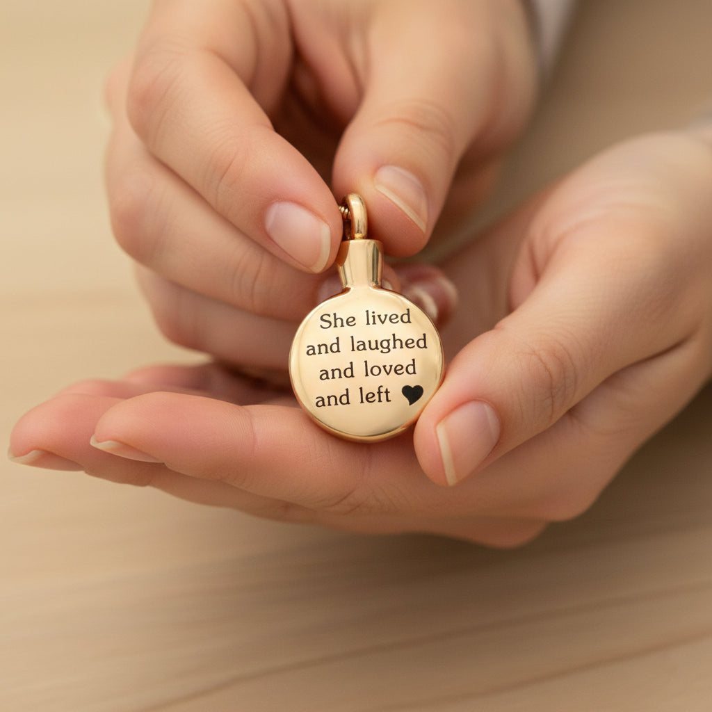 Belle Fever Circle Cremation Necklace gold finish, personalised cremation pendant for ashes