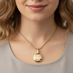 Belle Fever Circle Cremation Necklace worn on model, personalised ashes keepsake jewellery for remembrance.