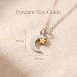 Comfort necklace size guide showing crescent moon pendant with star detail and chain length