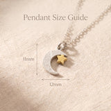 Comfort necklace size guide showing crescent moon pendant with star detail and chain length