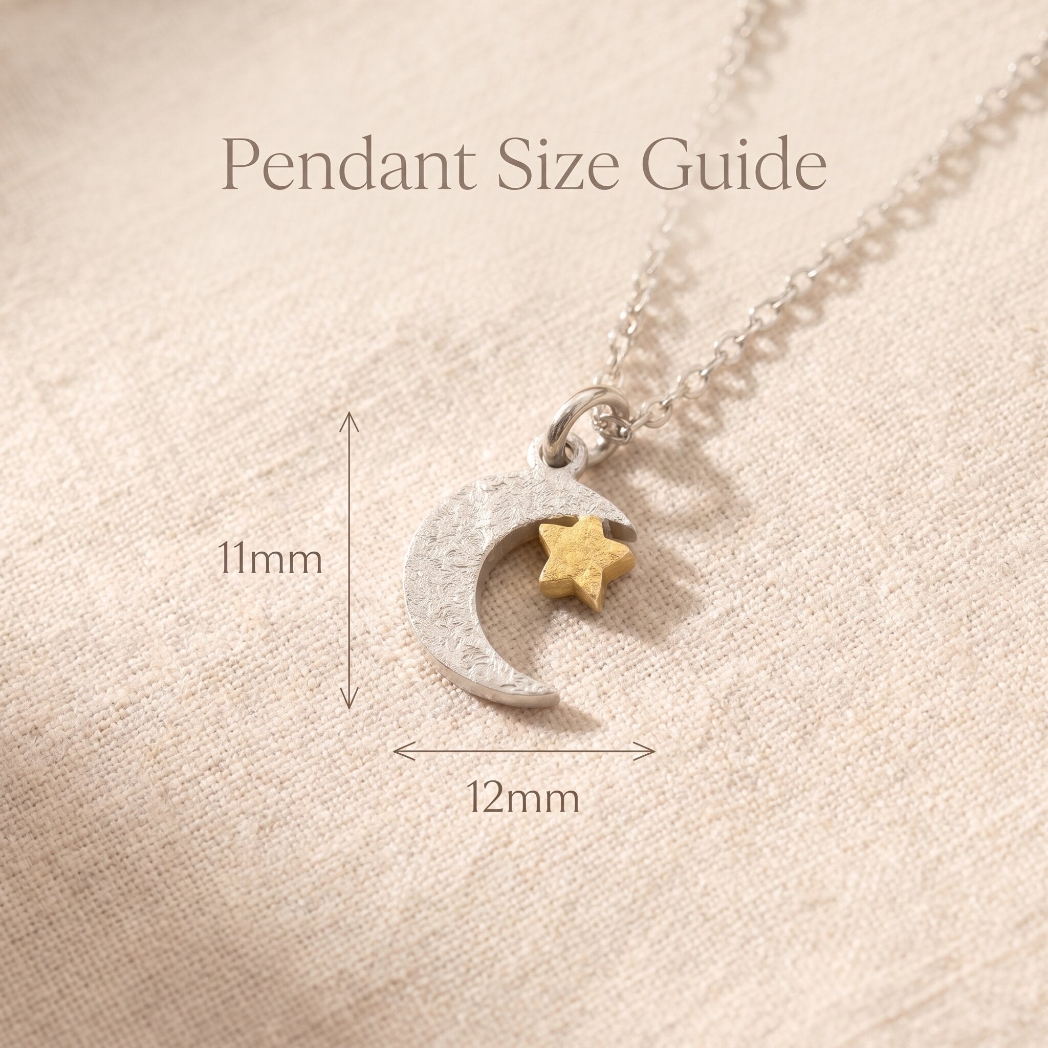 Comfort necklace size guide showing crescent moon pendant with star detail and chain length