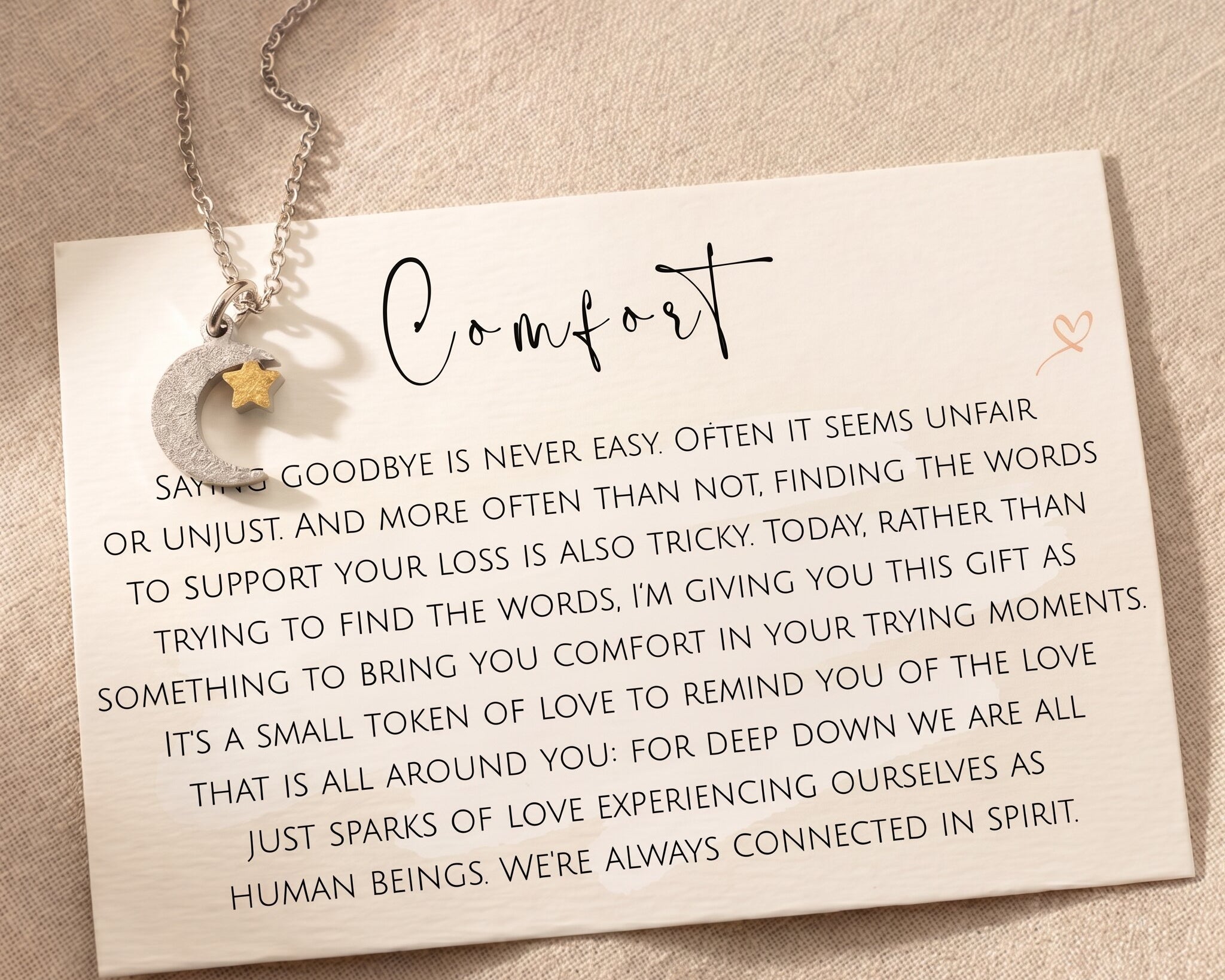 Comfort necklace with message card, meaningful remembrance jewellery and sympathy gift keepsake
