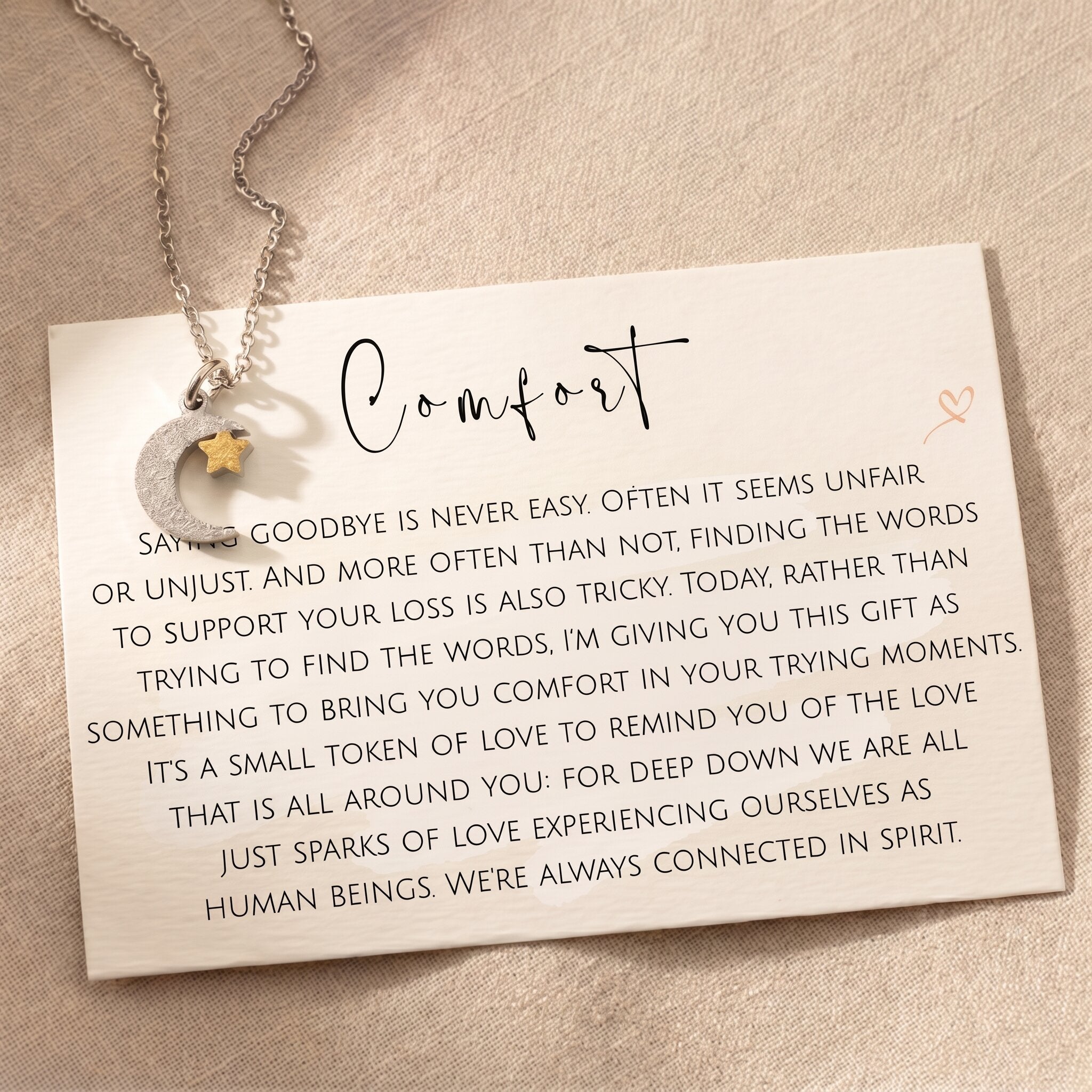 Comfort necklace with message card, meaningful remembrance jewellery and sympathy gift keepsake