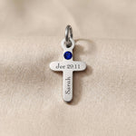 Silver cross birthstone charm for keyring combining faith symbolism with personalized gemstone keepsake detail