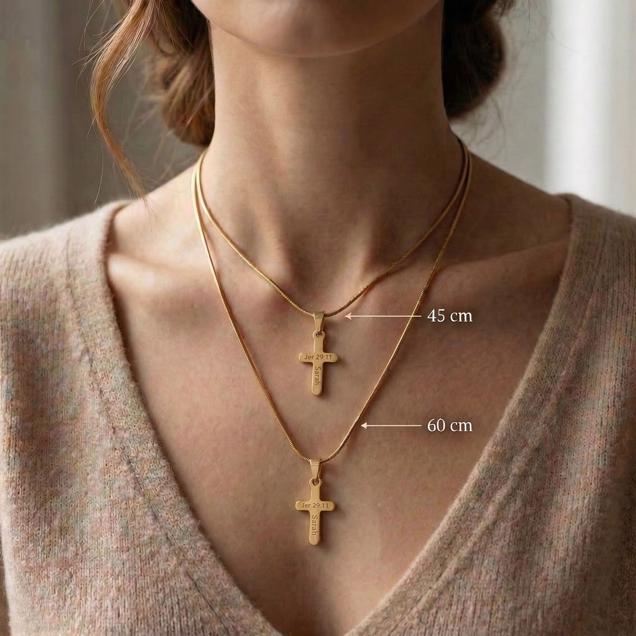 Chain length guide for cross name necklace showing adjustable necklace length options