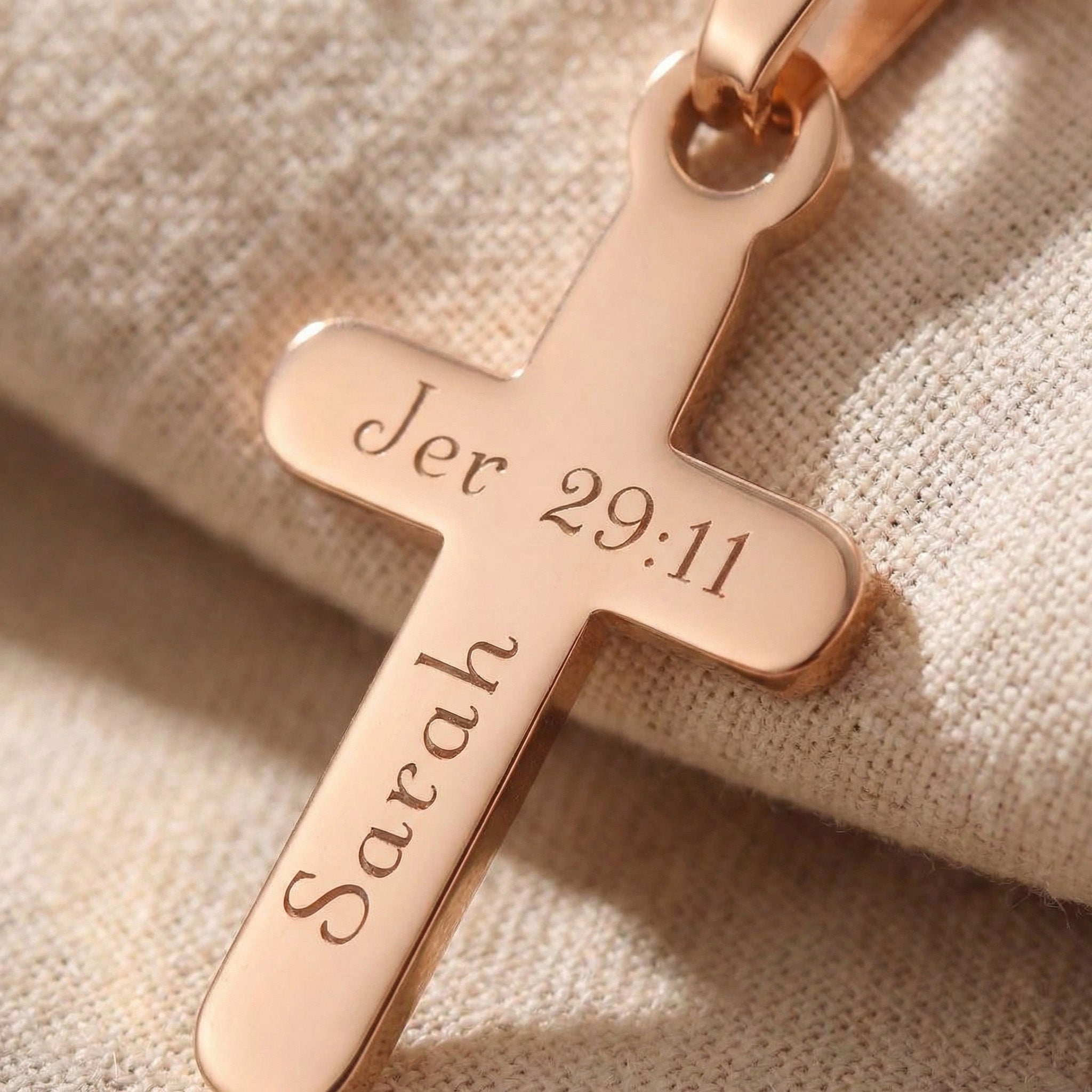 Close up of cross name necklace showing engraved name detail on cross pendant