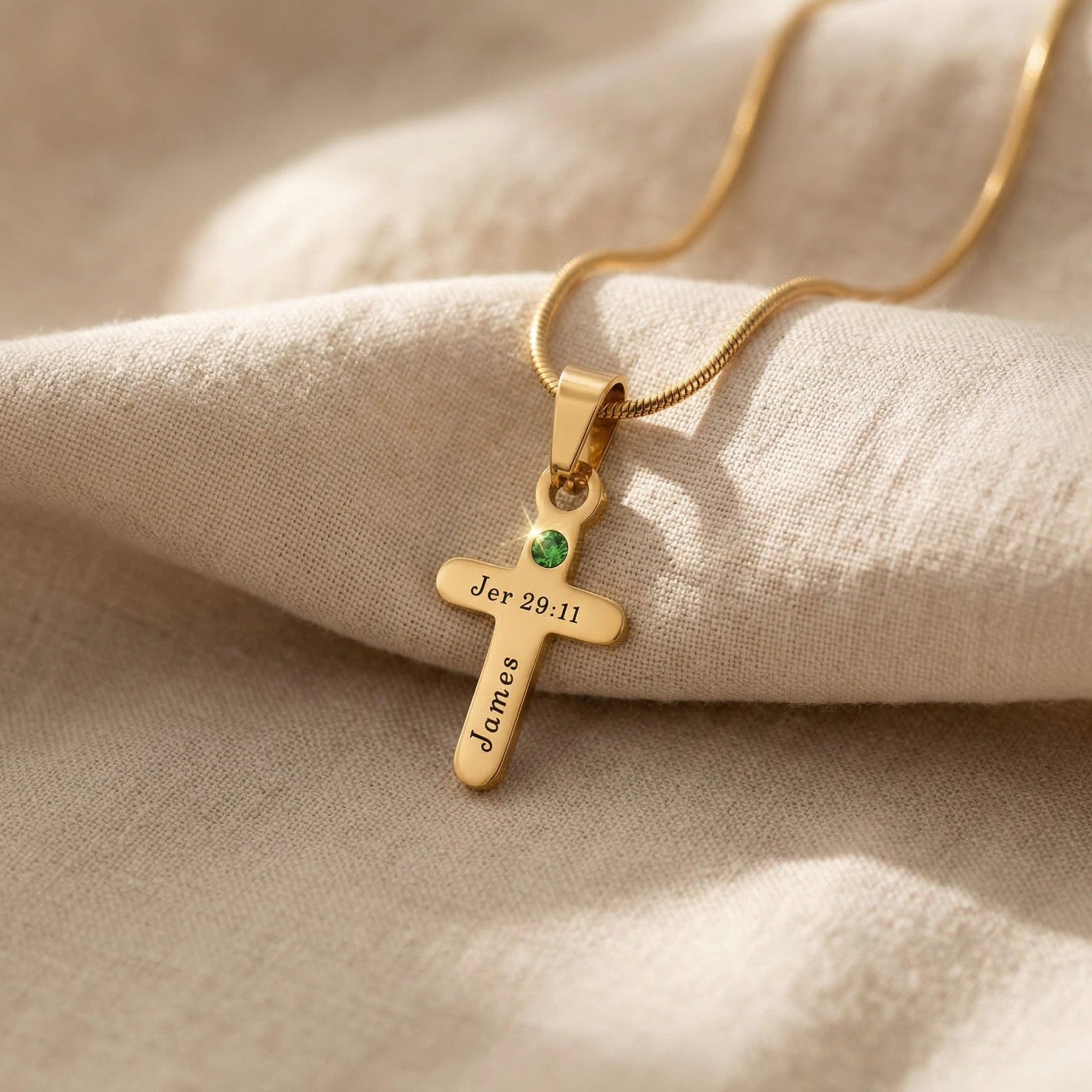 Gold cross name necklace with engraved name and birthstone option, christian faith jewellery 