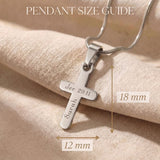 Pendant size guide for cross name necklace showing engraved cross pendant dimensions
