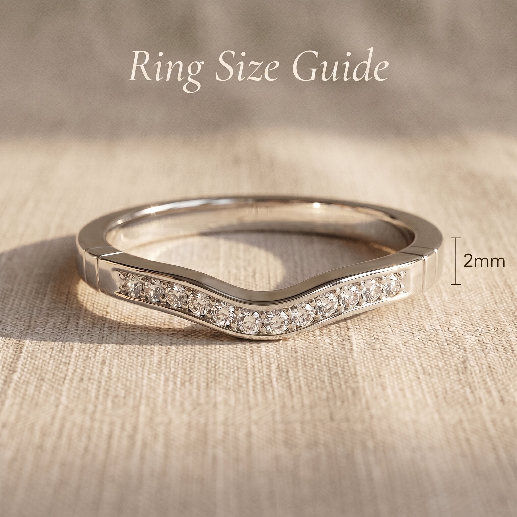 Crystal wish ring size guide showing curved band width and stone setting proportions