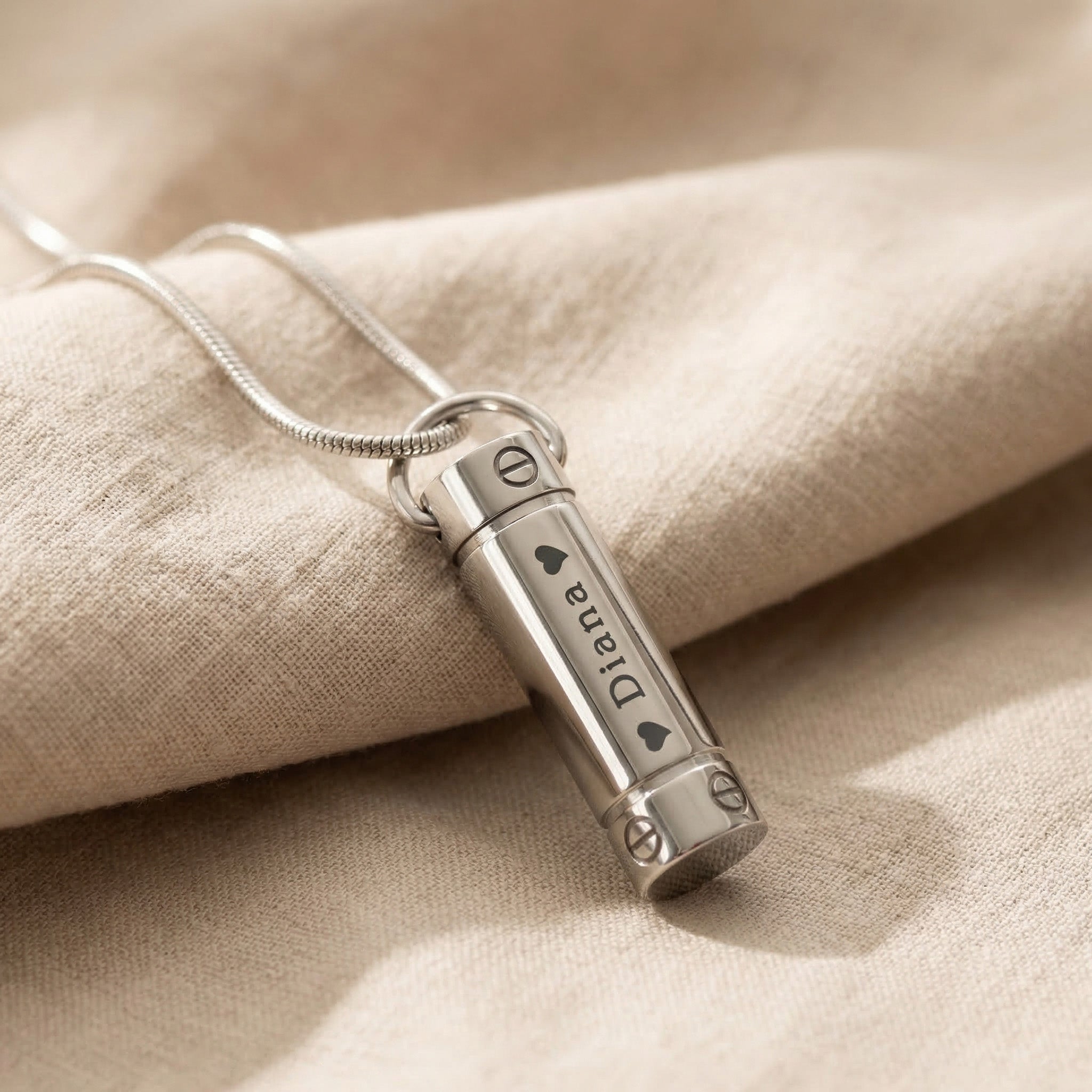 Silver cylinder cremation necklace with urn pendant for memorial ashes