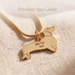 Dachshund dog necklace size guide showing pendant dimensions and chain length