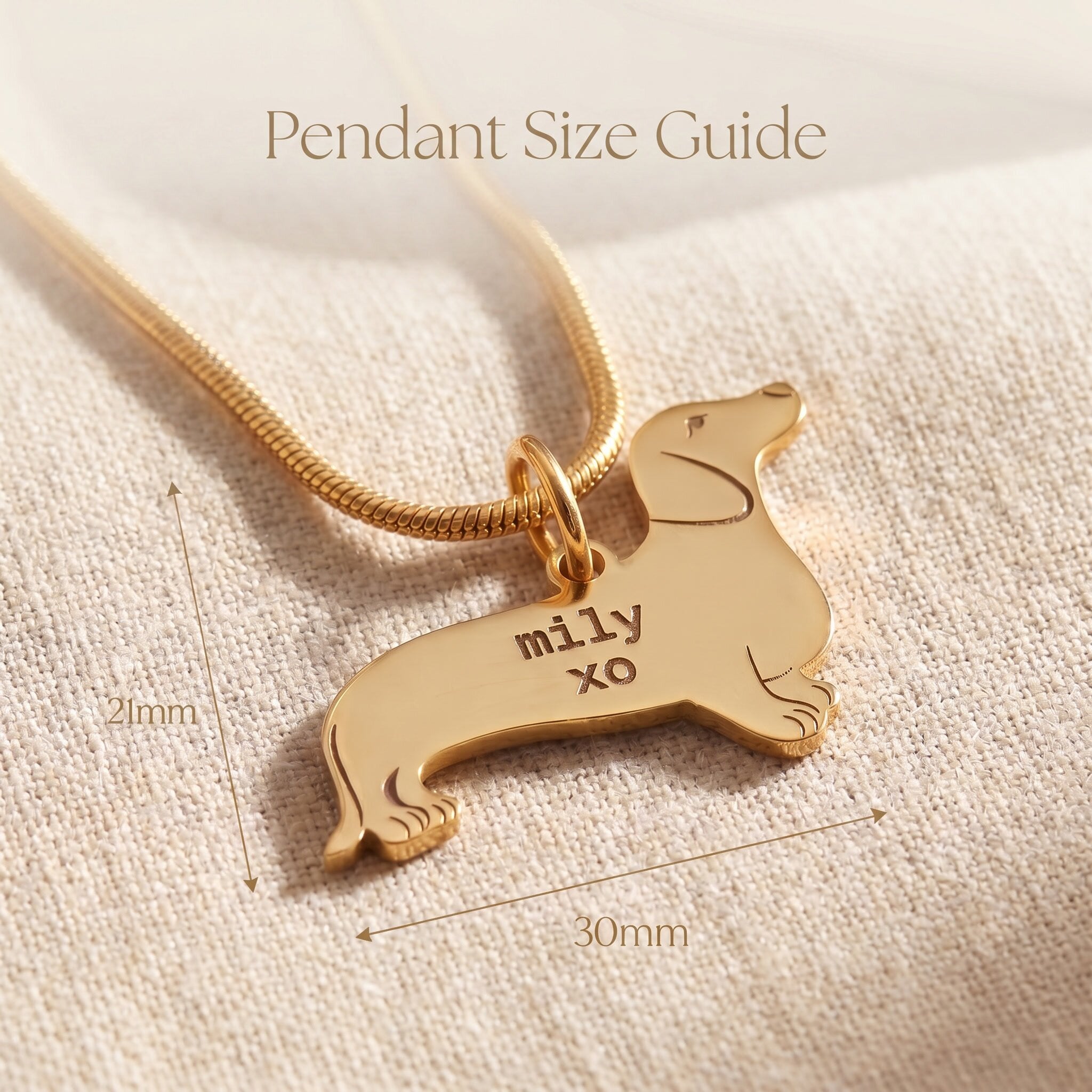 Dachshund dog necklace size guide showing pendant dimensions and chain length