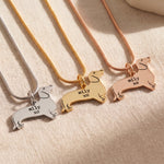 Dachshund dog necklace tone comparison showing gold, silver and rose gold engraved finishes